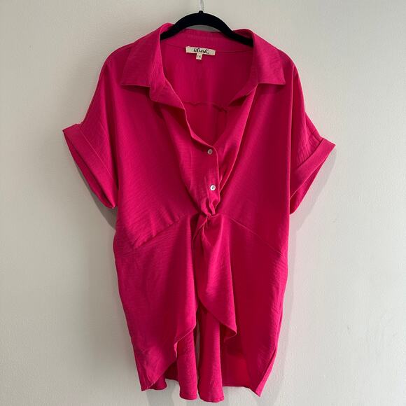 Blush Pink Blouse Tie at Waist Front Buttons High Low w/ Back Split Size 1XL - Picture 1 of 5